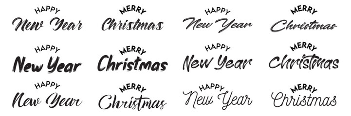 Merry Christmas and Happy New Year lettering text typography font design set isolated on white background.