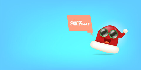 Vector cartoon monster Santa Claus red hat character with sunglasses and speech bubble isolated on blue Christmas background. Merry Christmas greeting card, poster and banner with Santa Claus hat