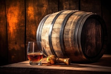 A wine glass is placed next to a wooden barrel