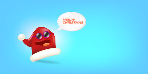 Vector cartoon monster Santa Claus red hat character with sunglasses and speech bubble isolated on blue Christmas background. Merry Christmas greeting card, poster and banner with Santa Claus hat