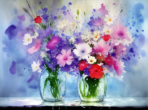 Glass vases with flowers. AI generated illustration