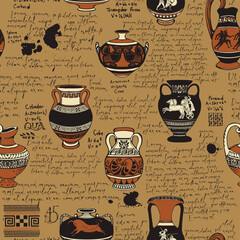 Vector vintage seamless pattern or wallpaper on the theme of ancient Greece. Manuscript with sketches antique amphoras and jugs with ornaments, handwritten texts Lorem Ipsum, blots and spots. - obrazy, fototapety, plakaty