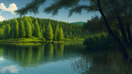 Scenic nature landscape reflection with green trees foliage and mountain hills view