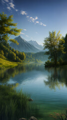 Scenic nature landscape reflection with green trees foliage and mountain hills view