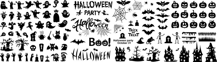Big set of silhouettes of Halloween on a white background.