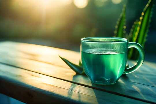 drink aloe juice in a mug on a wooden bench