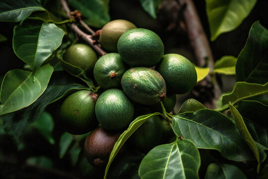 the green fruits of the avocado tree