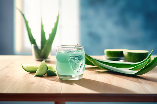 aloe vera juice with slices cut on wooden table