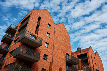 Fototapeta premium Modern residential complex in Gdansk, Poland. Living house facade with balconies. Apartment building. Mortgage in real estate