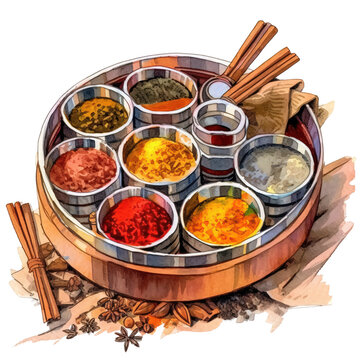 Indian food, watercolor style, PNG background.