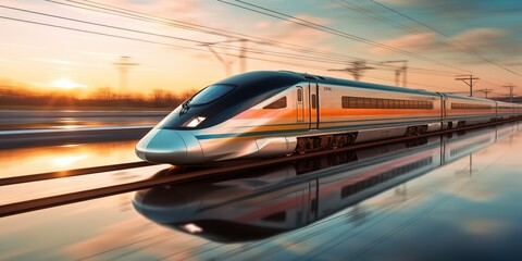 Fototapeta premium AI Generated. AI Generative. High speed train move motion on railway locomotive passenger. Adventure business vibe. Graphic Art