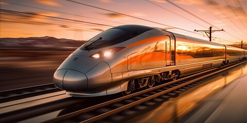 Fototapeta premium AI Generated. AI Generative. High speed train move motion on railway locomotive passenger. Adventure business vibe. Graphic Art