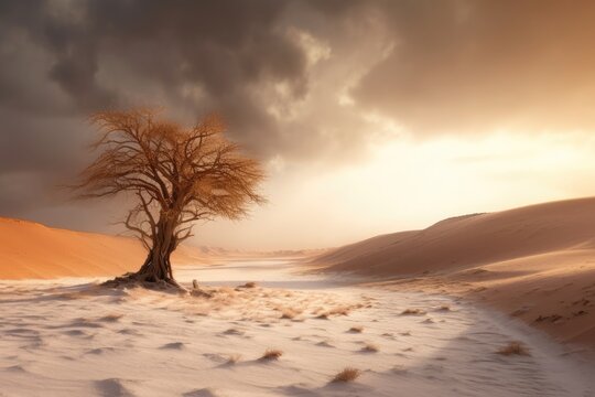 Fantasy winter landscape with tree and river at sunset. Generated AI