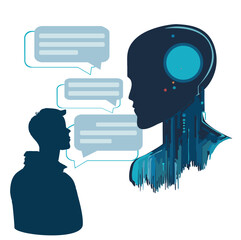 Chat bot concept. Man chatting online with chat bot. The use of artificial intelligence in everyday life. Human interaction with neural networks. Modern vector illustration isolated on white