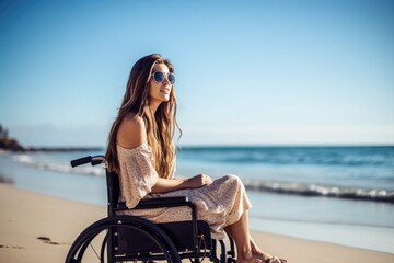 shot of a beautiful young woman in a wheelchair at the beach, created with generative ai