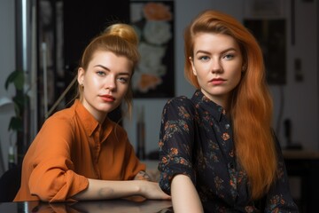Fototapeta na wymiar portrait of two attractive young female designers working together in their office, created with generative ai
