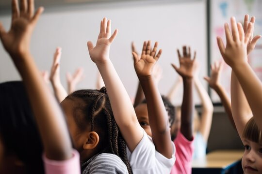 cropped shot of a group of school children raising their hands in the classroom, created with generative ai