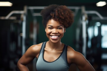 Fototapeta na wymiar fitness, smile and portrait of a black woman with an arched back in a gym for health, wellness or training, created with generative ai