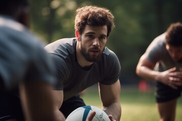 shot of a group of people at a rugby training session, created with generative ai