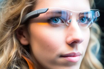 closeup of a woman wearing google glass and showing a vr device, created with generative ai
