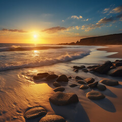 Fototapeta na wymiar Sunset on the beach. Landscape illustration. Generative AI technology.