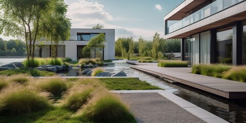 AI Generated. AI Generative. Modern minimal luxury scandinavian architecture house with pool garden outside. Graphic Art - obrazy, fototapety, plakaty