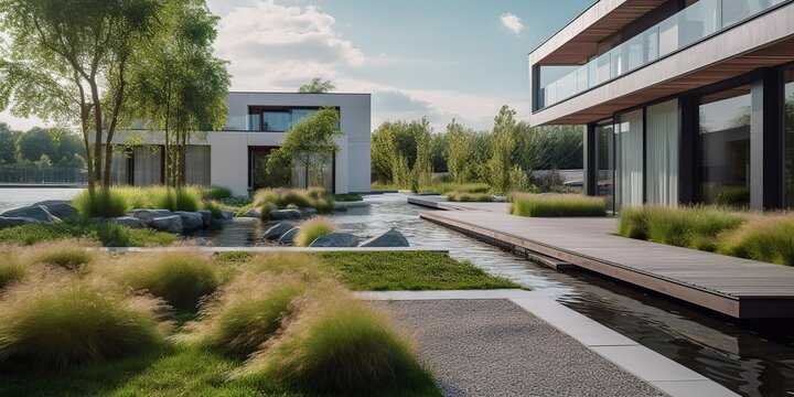 AI Generated. AI Generative. Modern minimal luxury scandinavian architecture house with pool garden outside. Graphic Art