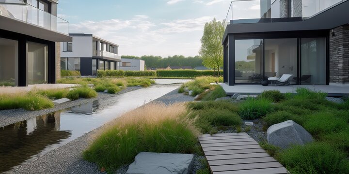 AI Generated. AI Generative. Modern minimal luxury scandinavian architecture house with pool garden outside. Graphic Art