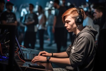 young man typing on his laptop while sitting in the audience of a gaming event, created with generative ai