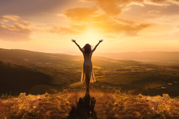 Fototapeta na wymiar Young woman with arms outstretched on a hillside at sunset
