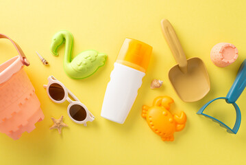 Vacation with children concept. Above view photo of sunscreen spray, beach toys for sand figures and sand castle and sunglasses on yellow isolated background