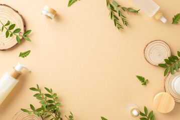 Fototapeta na wymiar Natural cosmetic products concept. High view photo of empty place surrounded by cosmetic containers, eucalyptus and fern foliage and wooden pedestals on isolated beige background with copyspace