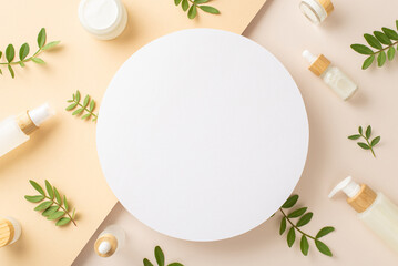 Fototapeta na wymiar Herbal cosmetics concept. Top view photo of empty circle surrounded by cosmetic products, eucalyptus foliage on isolated two-toned beige background with copyspace