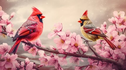 Two charming birds standing on cherry blossom tree branch together. Generative AI