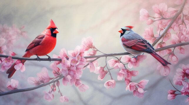 Two charming birds standing on cherry blossom tree branch together. Generative AI