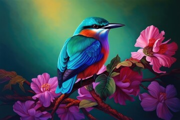 Beautiful small bird perched on a branch with pink flowers. Generative AI