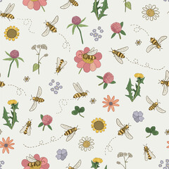 Bees, flowers and herbs vector seamless pattern.