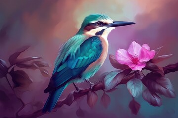 Beautiful small bird perched on a branch with pink flowers. Generative AI