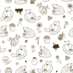 Bees, honey and bears vector seamless pattern.