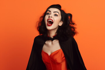 Portrait of beautiful woman with Halloween vampire costume with fangs - obrazy, fototapety, plakaty
