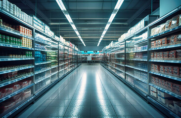 an aisle with aisle full of food products in a supermarket