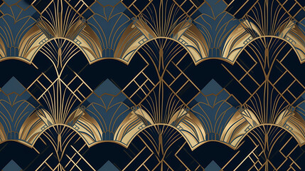 Seamless pattern background inspired by the elegance of Art Deco showcases a symmetrical arrangement of geometric shapes of blue gold and silver