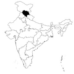 Vector map of the province of Himachal Pradesh highlighted highlighted in black on the map of India. - obrazy, fototapety, plakaty