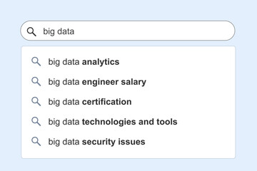 Big data IT topics search results. Technology subject internet search. - obrazy, fototapety, plakaty