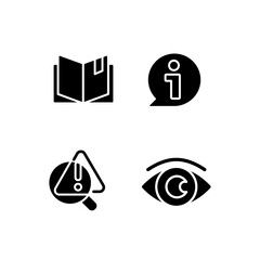 Seeking for answers black glyph icons set on white space. Problem identification. Information and data. Helpdesk. Planner. Silhouette symbols. Solid pictogram pack. Vector isolated illustration