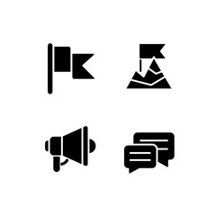 Achievement black glyph icons set on white space. Goal accomplishment. Success. Communication. Promotion and advertising. Silhouette symbols. Solid pictogram pack. Vector isolated illustration