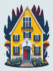 Cartoon rural cottage in village. AI generatedd illustration