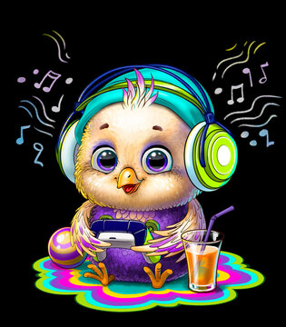 small bird in headphones, sitting, isolated on a black background