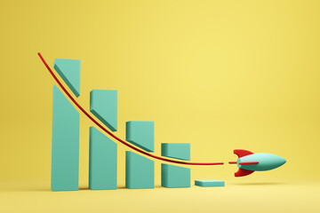 Toy rocket flying through a business bar chart in downward direction. Illustration of the concept of losing sales and decreasing revenue - obrazy, fototapety, plakaty