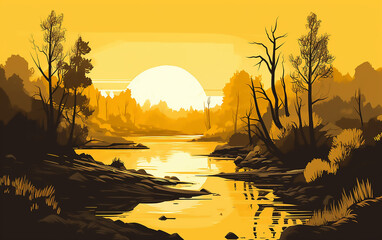 Monochromatic yellow landscape with forest and river. Generative AI technology.